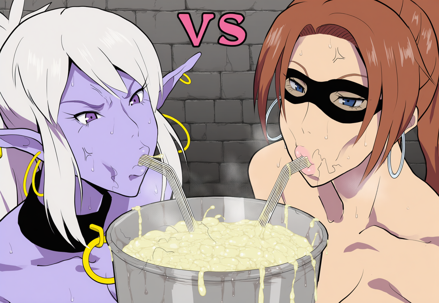 2girls, ai generated, brown hair, bucket, bustybunz, commentary request, cum, cum drinking, cum in bucket, cum in container, drinking, feeding cum, female, female only, gabrielle (swegabe), gokkun, huge breasts, pointy ears, purple skin, semen, shortstack, syx, tagme, text, thick cum, white hair