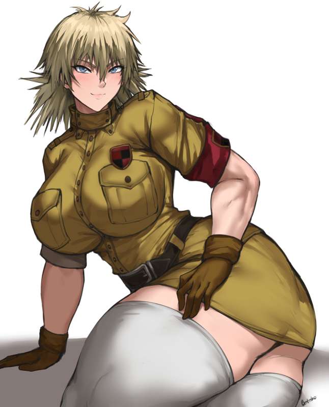 batako, belt, blonde hair, gloves, hellsing, large breasts, looking at viewer, seras victoria, skirt, smirk, solo, solo female, squint, thick thighs, thighhighs