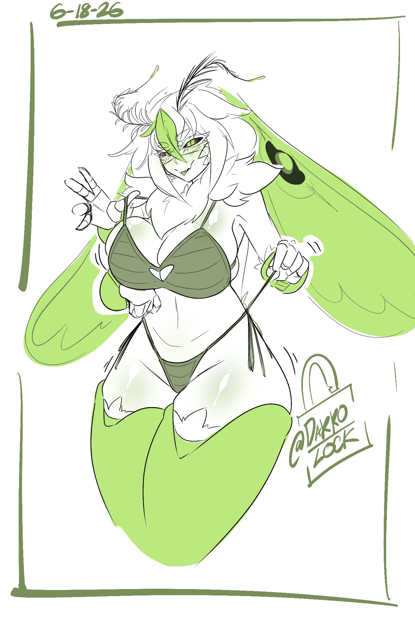 1girl, 1girls, antennae, arthropod girl, big breasts, bikini, black sclera, breasts, breedable hips, cleavage, cleavage cutout, clothing cutout, colored sclera, colored skin, colored tongue, commentary, curvy, dakkoblocko, english commentary, fang, female, green bikini, green eyes, green hair, green tongue, hair between eyes, head wings, heart cutout, highleg, highleg bikini, highres, hips, indie virtual youtuber, insect girl, insect wings, juniper actias, juniper actias (space invader), large breasts, looking at viewer, monster girl, moth girl, moth wings, multicolored hair, skin fang, solo, swimsuit, thick, thick thighs, thighs, thong, thong bikini, tits, virtual youtuber, vtuber, white hair, white skin, wide hips, wings