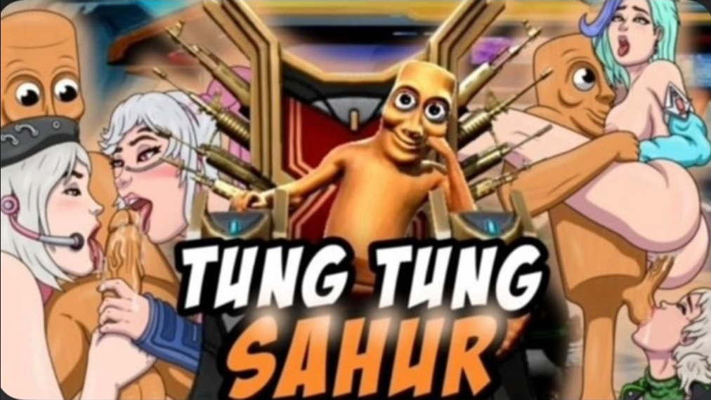 1boy, 4girls, joke art, lowres, meme, multiple girls, patito zzero, tung tung tung sahur, worship, worshipable balls, worshiping