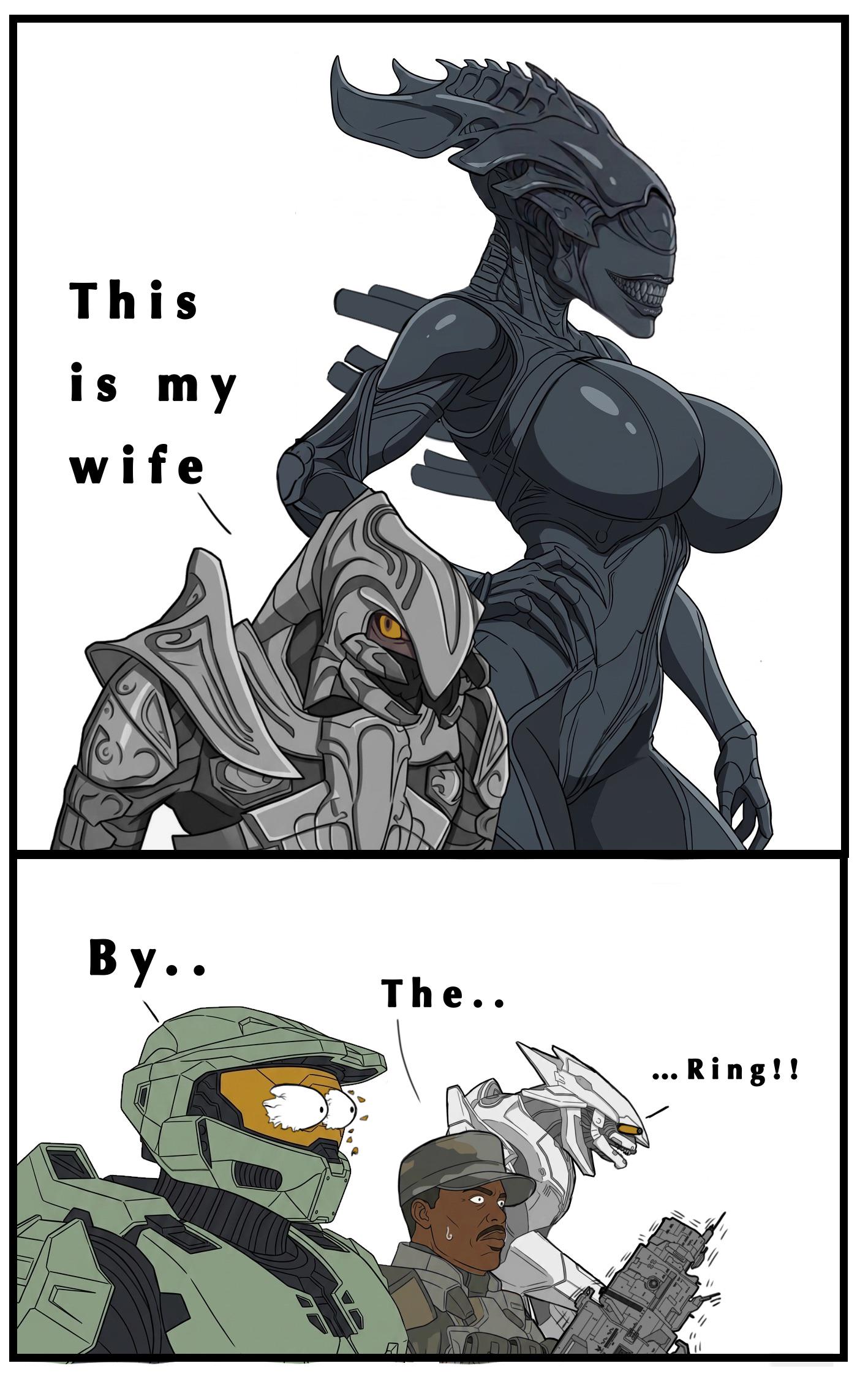 1girls, 2d, 4boys, alien (franchise), alien girl, arbiter (halo), armor, artist request, breasts, crossover, dialogue, english text, exoskeleton, female xenomorph, funny, halo (series), helmet, huge breasts, humor, large breasts, master chief, meme, sangheili, simple background, spartan (halo), text, white background, xenomorph, xenomorph queen