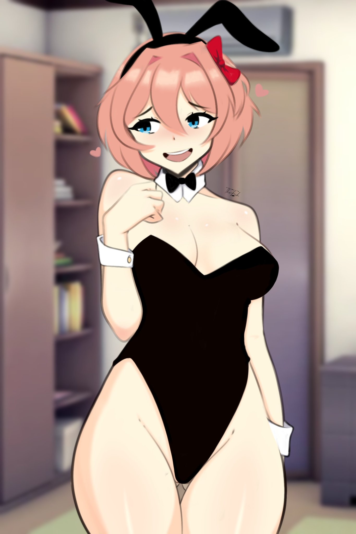 1girls, bunny ears, bunny girl, bunnysuit, doki doki literature club, embarrassed, light-skinned female, looking away, sayori (doki doki literature club), solo, solo female, thefishart