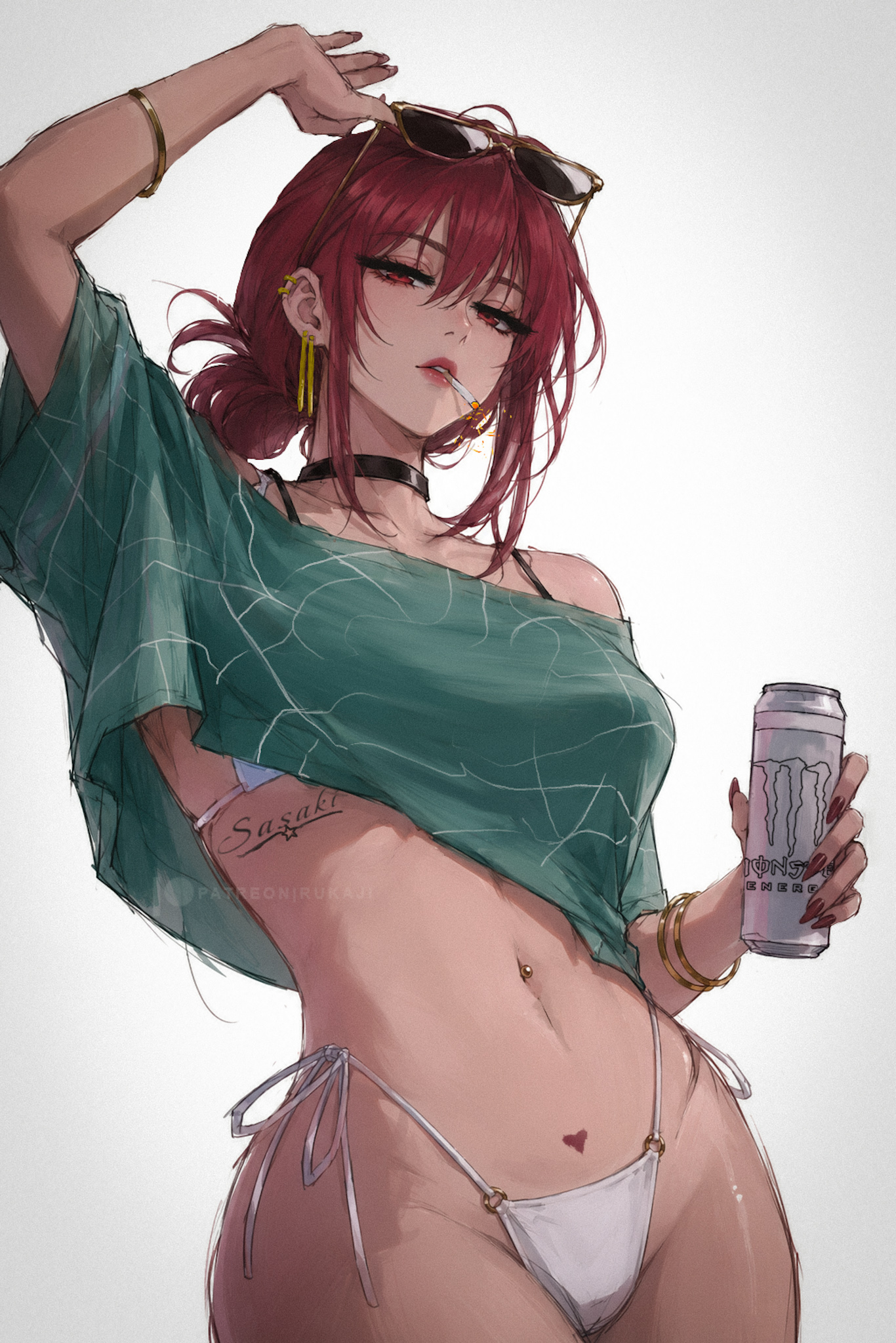 artist request, bun, choker, cigarette, earrings, eyewear, eyewear on head, holding, holding drink, monster energy, navel, smoking, stomach, super no ura de yani suu futari, tayama (super no ura de yani suu futari)
