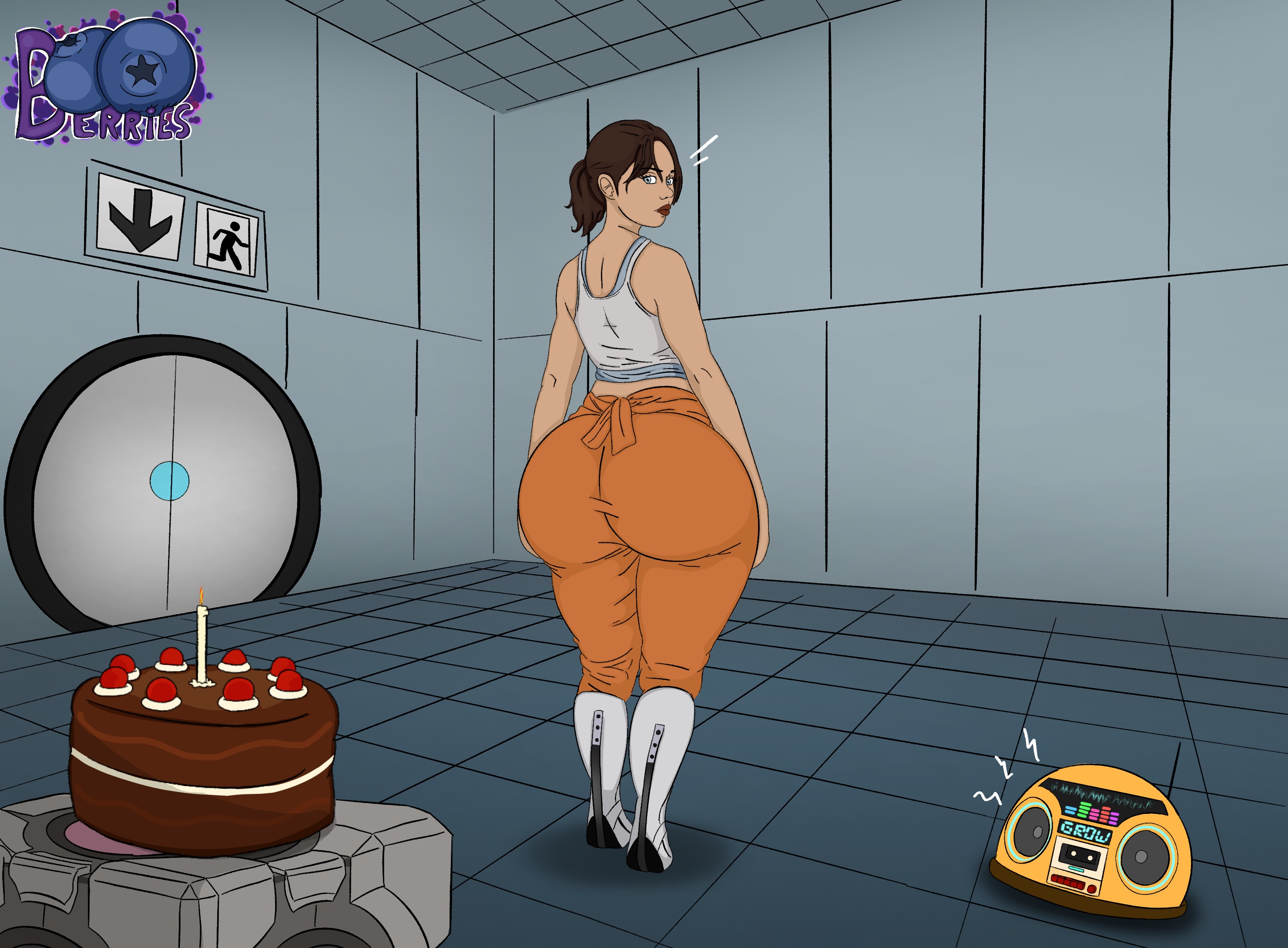 1girls, ass, ass expansion, ass focus, booberries, bottom heavy, brown hair, brunette, chell, clothing, expansion, female, female only, gold boombox (prevence), hips, huge ass, hyper ass, hyper butt, impossible clothes, looking back, pear-shaped figure, ponytail, portal (series), solo, tank top, thick thighs, thighs, tied hair, wide hips