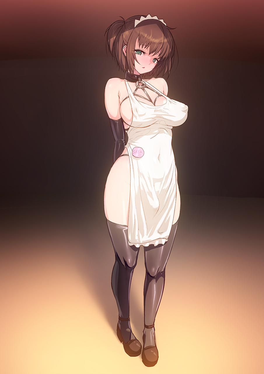 1futa, aya (thon2hk), big breasts, breasts, brown hair, bulge, cleavage, dickgirl, futa only, futanari, intersex, large breasts, looking at viewer, solo, solo futa