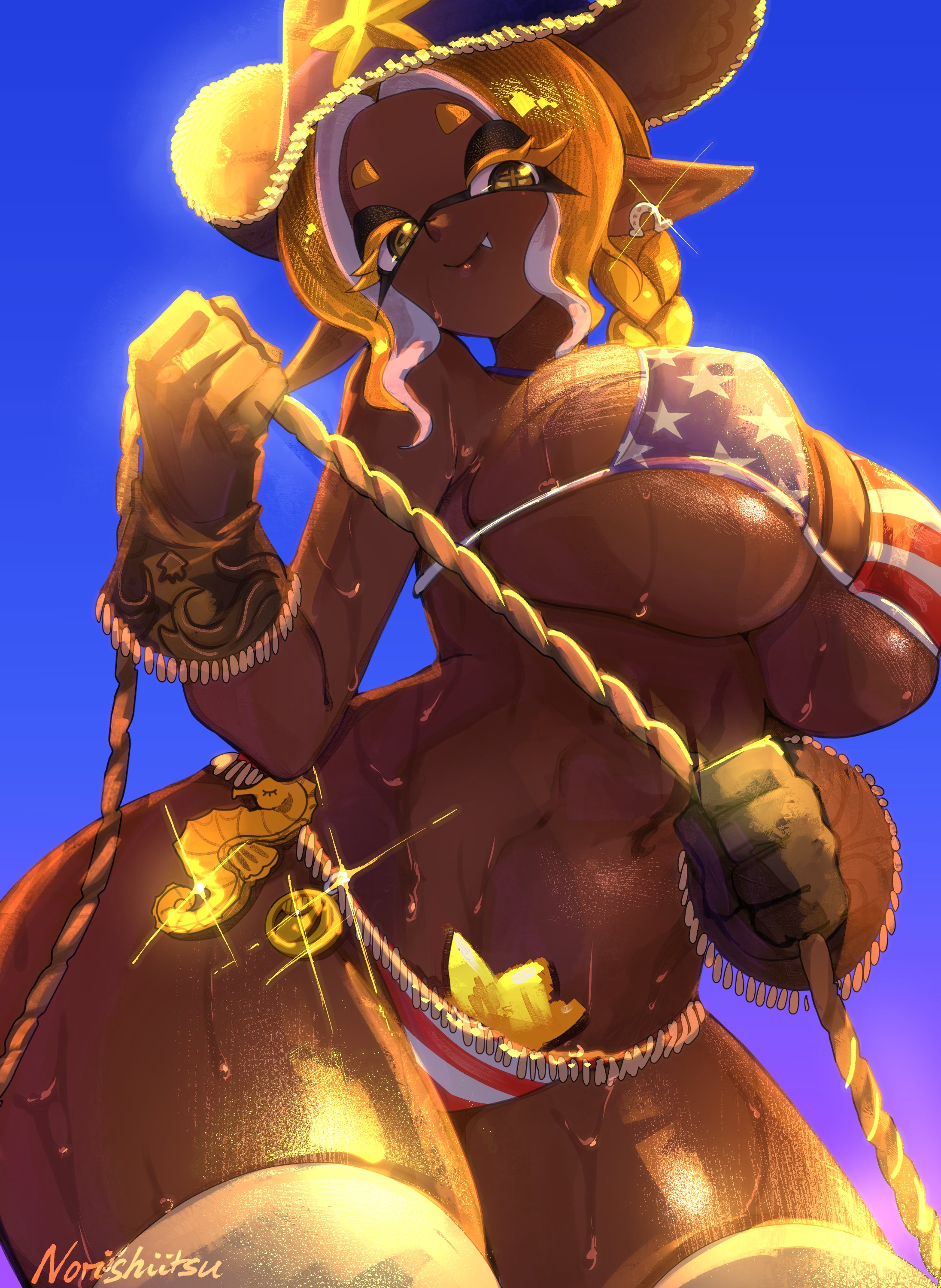 1girls, american flag bikini, ass, big ass, big breasts, bikini, breasts, cowboy hat, dark skin, dark-skinned female, female, female only, frye (splatoon), gloves, hips, huge breasts, inkling, nintendo, norishiitsu, pose, solo, solo female, splatoon, splatoon (series), splatoon 3, spot color, tagme, thick thighs, thighs, wide hips, yellow eyes