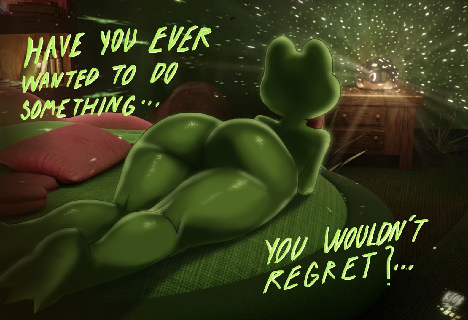 ass, english text, frog, laying on bed, ribbit (the amazing digital circus), solo, the amazing digital circus