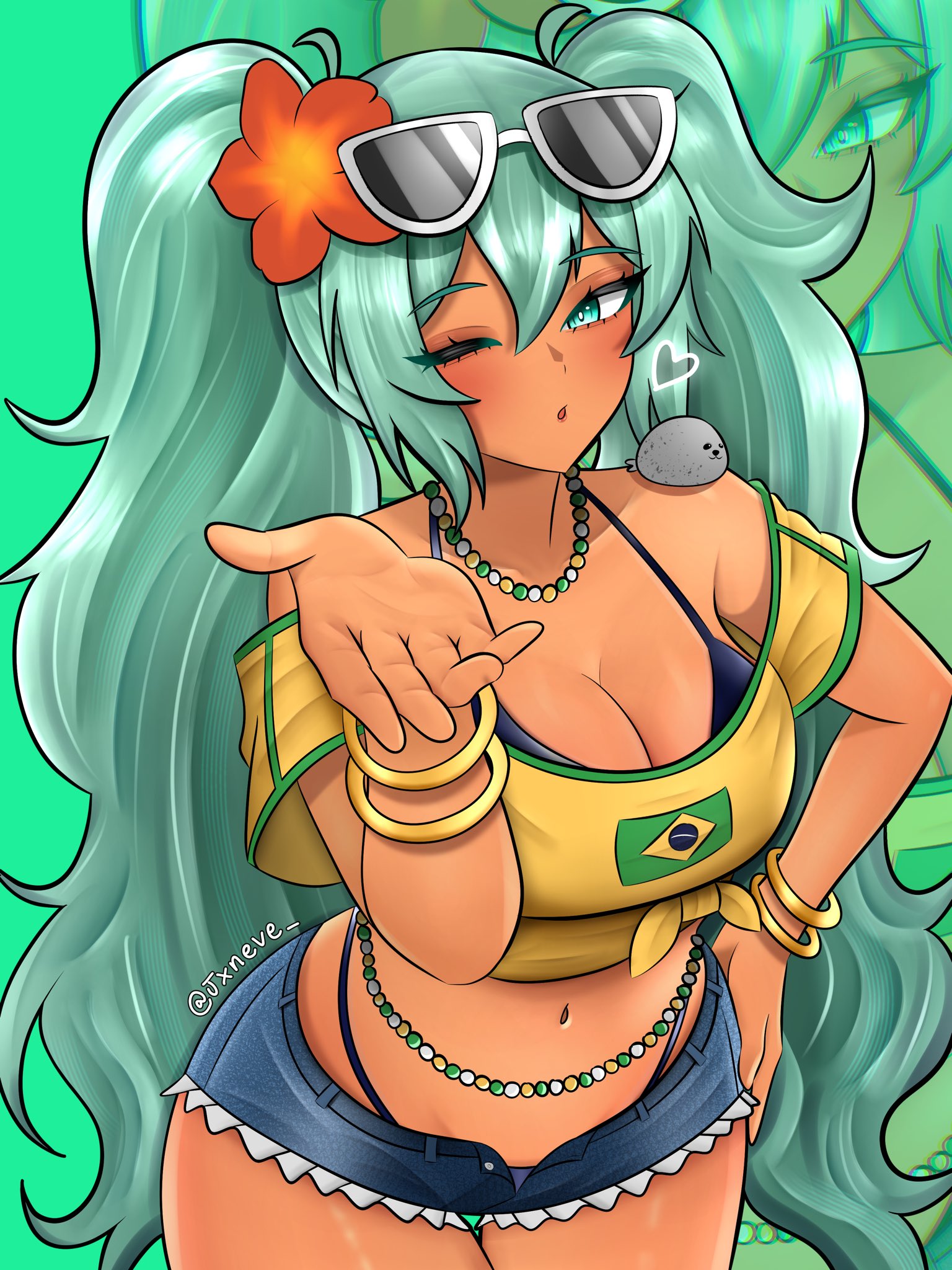 ;o, 1girls, aqua eyes, aqua hair, blowing kiss, blue shorts, bracelet, brazilian miku, breasts, cleavage, dark skin, denim, denim shorts, eyewear on head, flower, hair flower, hair ornament, hand on hip, hatsune miku, jewelry, long hair, looking at viewer, navel, necklace, one eye closed, short shorts, shorts, solo, sunglasses, tan, toned, very long hair, vocaloid