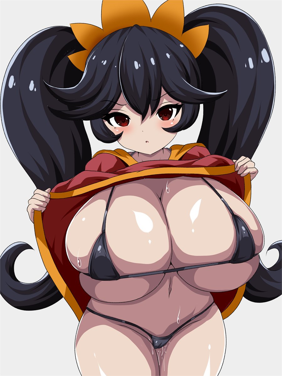 1girls, ashley (warioware), big breasts, black hair, breasts, female, female only, huge breasts, looking at viewer, nintendo, presenting breasts, red eyes, shiny skin, shortstack, suzumori kuroku, warioware