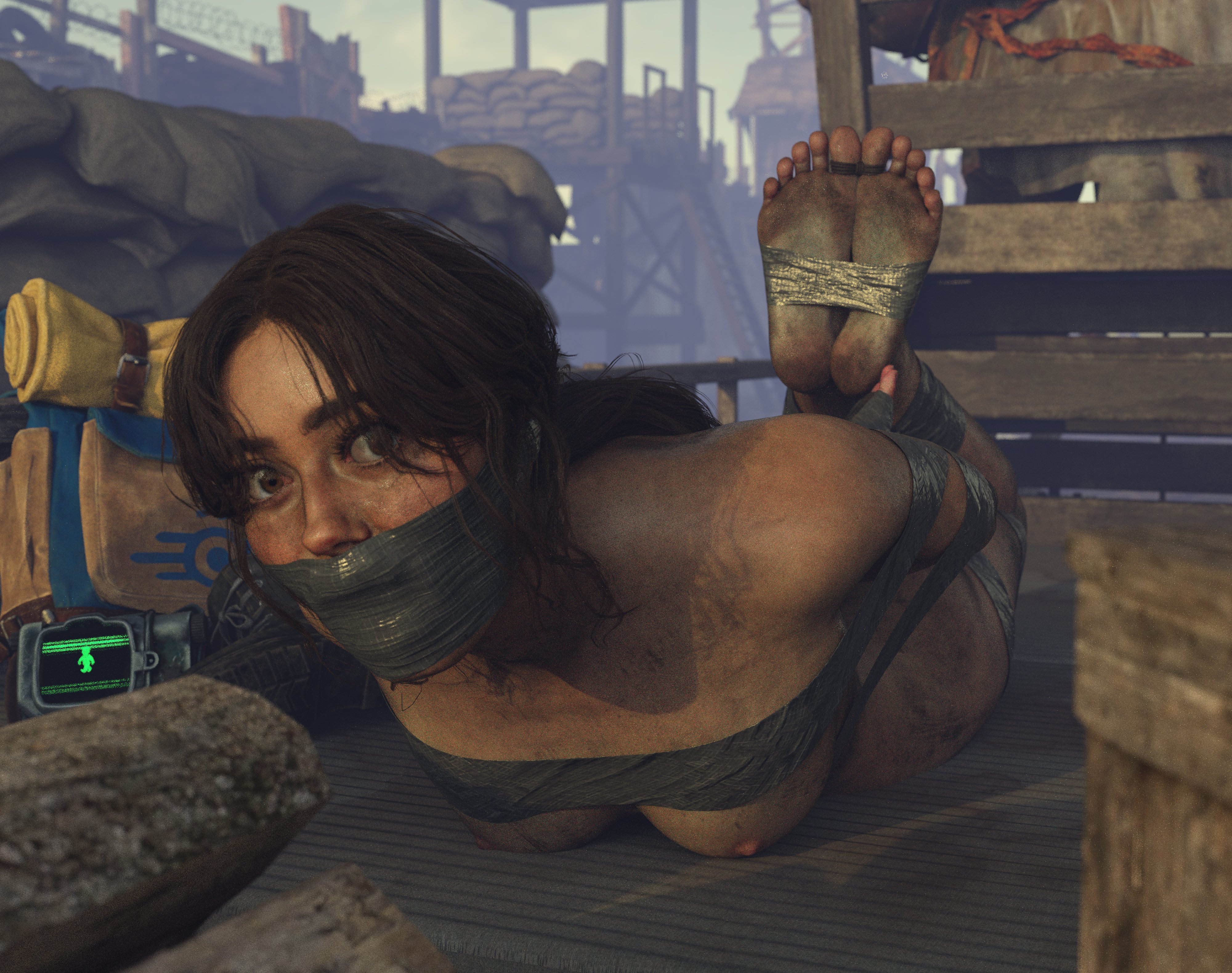 1girls, 3d, alternate version available, arms behind back, bethesda softworks, bondage, breasts, captured, captured heroine, comcody99, dirt, dirty, dirty feet, duct tape, fallout, fallout (tv series), female, female only, gagged, hogtie, hogtied, lucy maclean, nipples, on stomach, pip-boy, solo, solo female, tape, tape gag