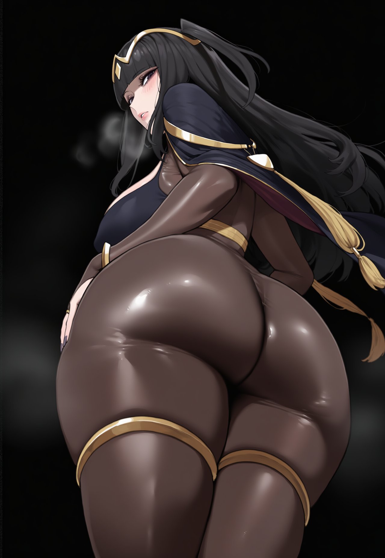 ai generated, big ass, big butt, black hair, breath cloud, hand on hip, looking at viewer, looking back, tharja (fire emblem), truck kun