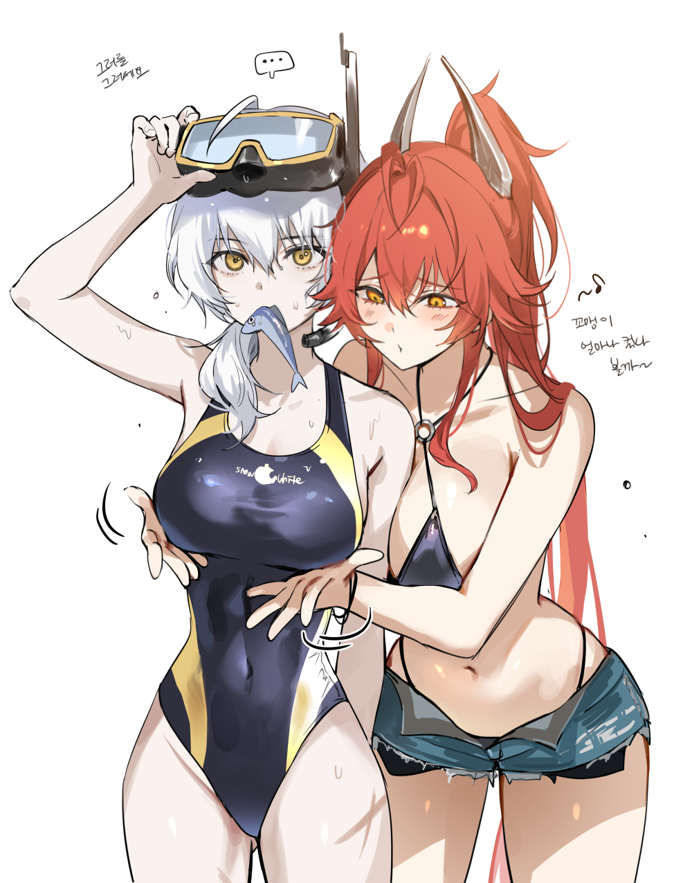 2girls, alternate costume, artist request, bikini, breasts, covered navel, cowboy shot, denim, denim shorts, diving mask, fish in mouth, goddess of victory: nikke, goggles, goggles on head, high ponytail, highres, horns, korean text, large breasts, long hair, long sidelocks, micro shorts, multiple girls, navel, o-ring, o-ring bikini, one-piece swimsuit, red hair, red hood (nikke), shorts, sidelocks, simple background, snorkel, snow white (nikke), standing, swimsuit, very long hair, white background, white hair, yellow eyes