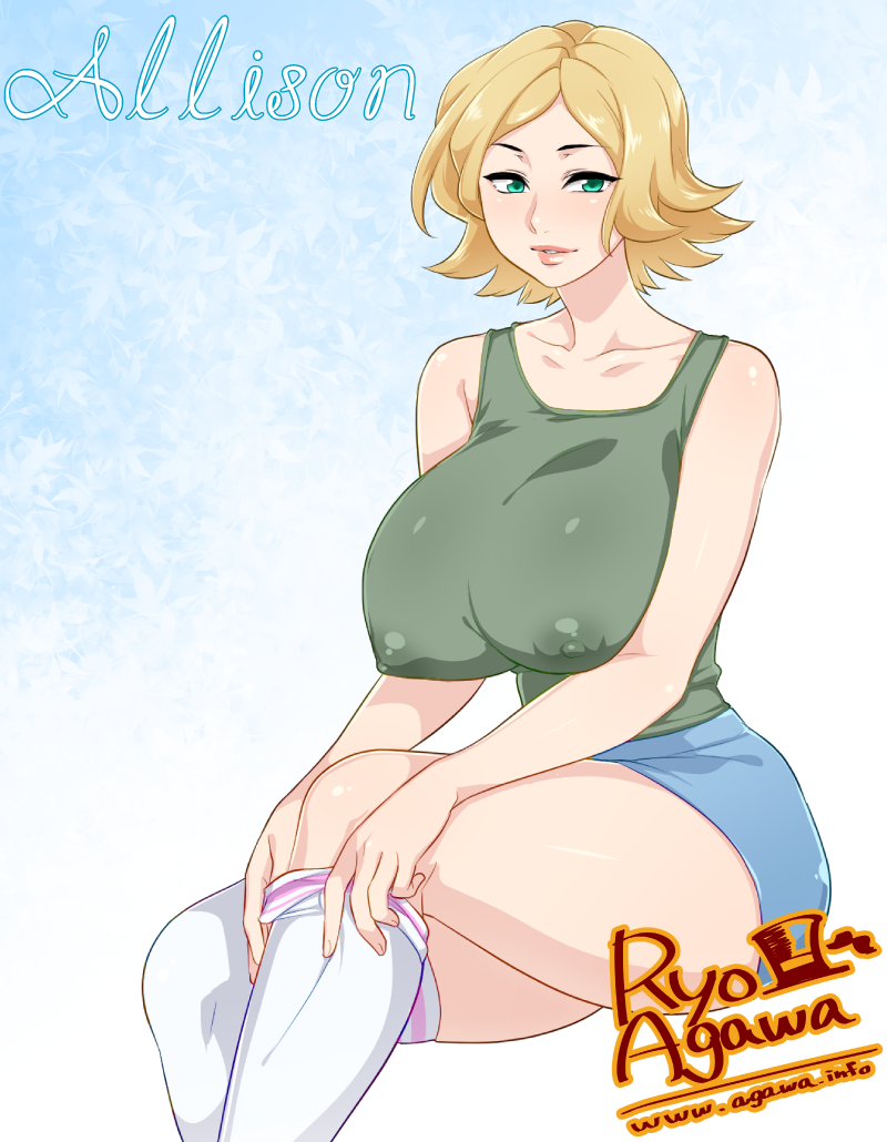 blonde hair, breasts, clothed, erect nipples under clothes, female, green eyes, large breasts, miniskirt, ryo agawa, short hair, skirt, socks, solo, tank top, thighhighs