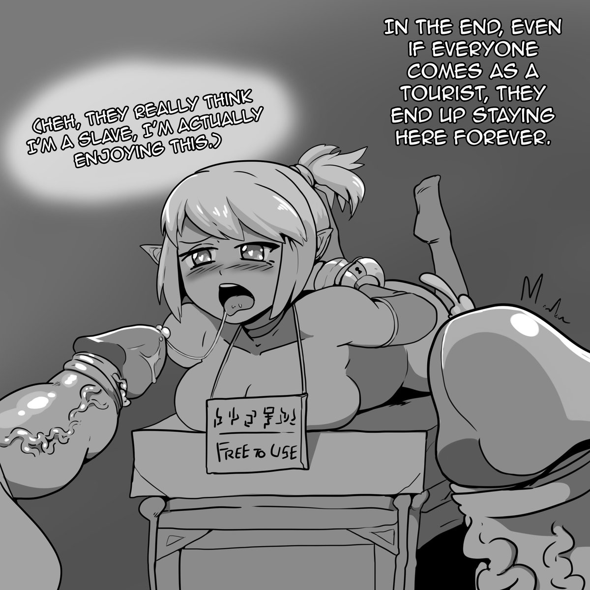 breasts, comic, female, large breasts, looking at penis, male, monster, monster cock, penis, slave, wolfgang bang