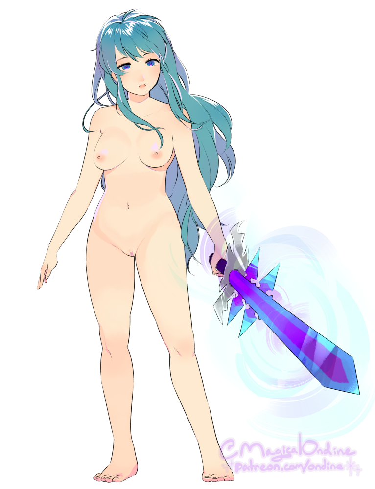 areolae bare_arms bare_breasts bare_legs bare_shoulders bare_thighs barefoot blue_eyes blue_hair blush breasts clitoris eirika_(fire_emblem) female fire_emblem fire_emblem:_the_sacred_stones hypnosis intelligent_systems lips magical_ondine mind_control navel nintendo nipples nude nude_female patreon_link pussy simple_background sword thighs very_long_hair weapon