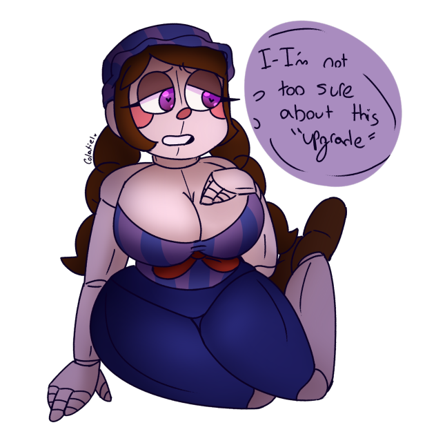 1girls big_breasts breasts brown_hair clothed clothing colatiel female female_only five_nights_at_freddy's five_nights_at_freddy's_2 funtime hat heart-shaped_pupils jj_(fnaf) long_hair purple_eyes robot thick_thighs