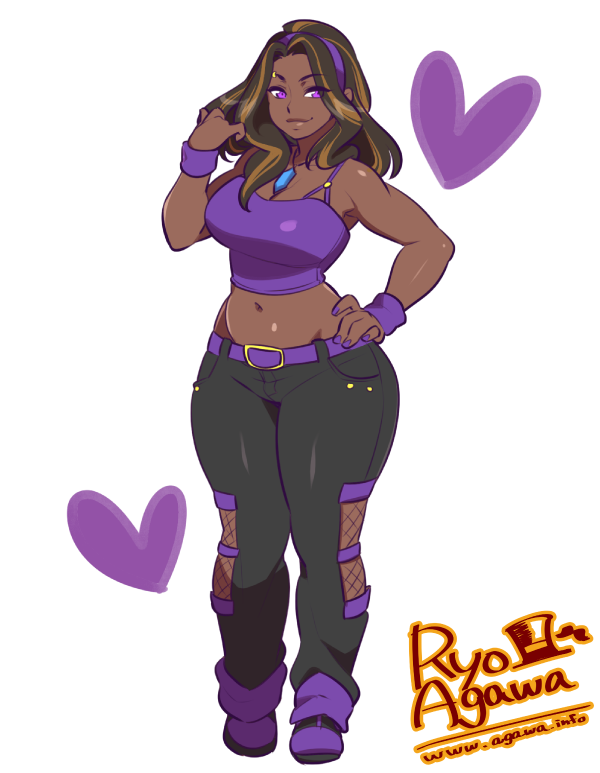 black hair, brown hair, clothed, dark skin, dark-skinned female, female, hand on hip, jewel, midriff, multicolored hair, necklace, purple eyes, ryo agawa, solo, tank top, two-tone hair