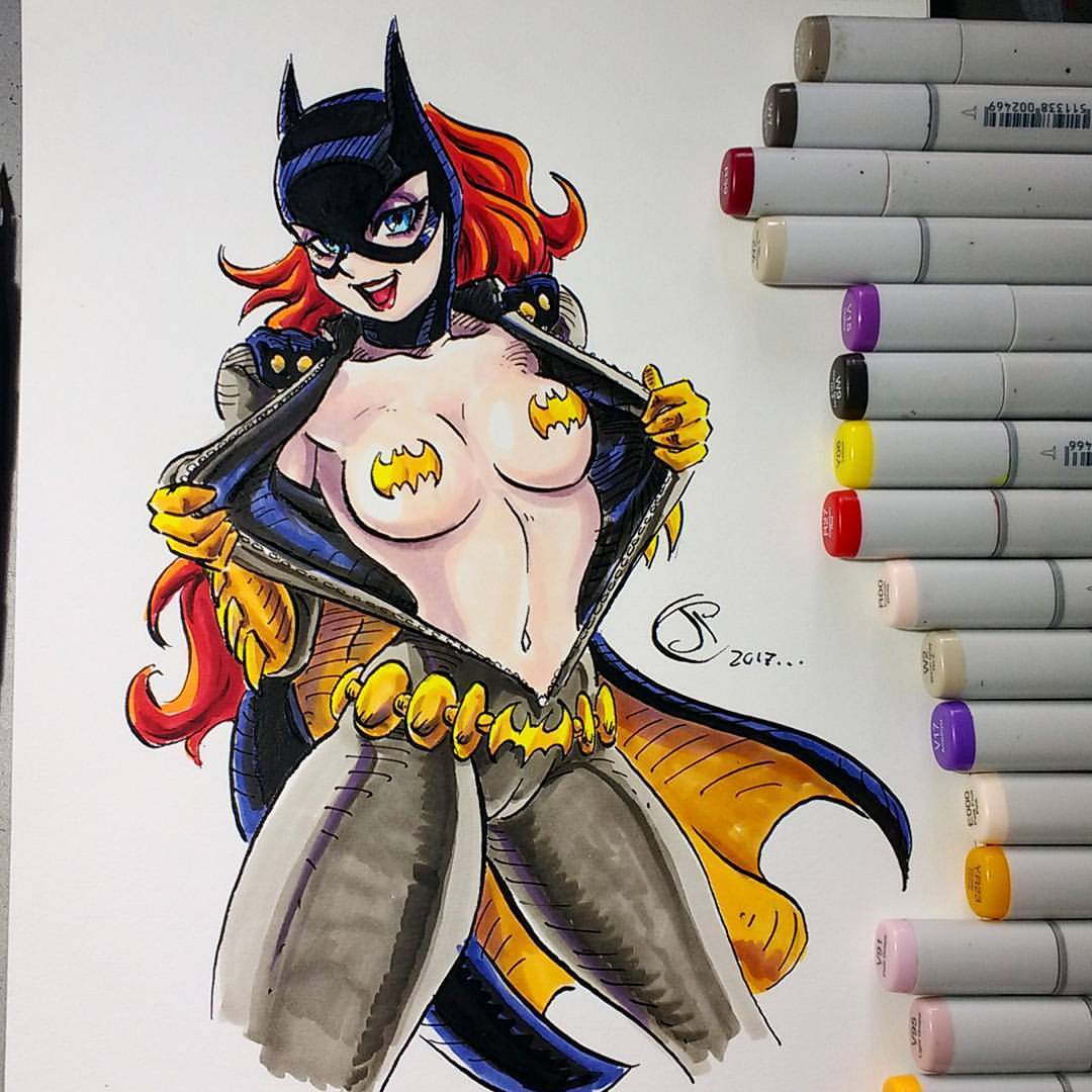 1girls, barbara gordon, batgirl, batman (series), breasts, cameltoe, dc, dc comics, eyeshadow, female, ginger, hourglass figure, jpcortes, lipstick, makeup, medium breasts, navel, open shirt, pasties, photo (medium), pussy, red hair, redhead, solo, traditional media (artwork)