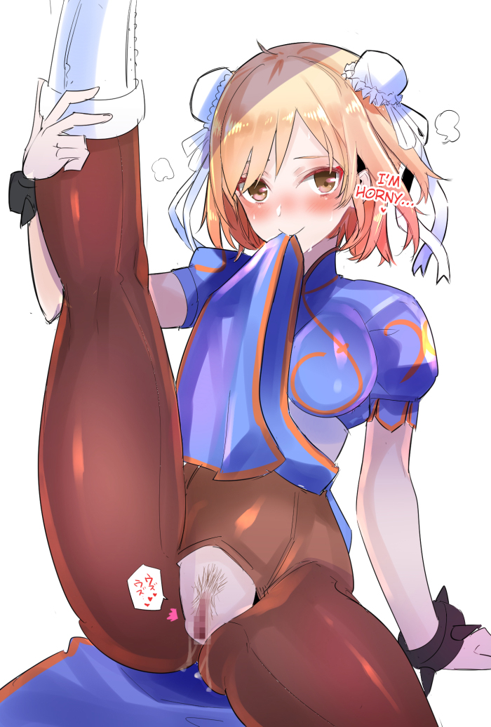 10s 1girls blonde_hair blush boots bracelet brown_legwear bun_cover censored chun-li chun-li_(cosplay) djeeta_(granblue_fantasy) double_bun dress dress_lift female female_only granblue_fantasy hard_translated heart horny horny_female jewelry knee_boots leg_up looking_at_viewer medium_breasts mouth_hold no_panties orange_legwear pantyhose pelvic_curtain pubic_hair puffy_short_sleeves puffy_sleeves pussy pussy_cutout pussy_juice short_sleeves sitting smile solo spiked_bracelet spikes standing street_fighter sweatdrop tajima_ryuushi torn_clothes torn_pantyhose translated white_footwear