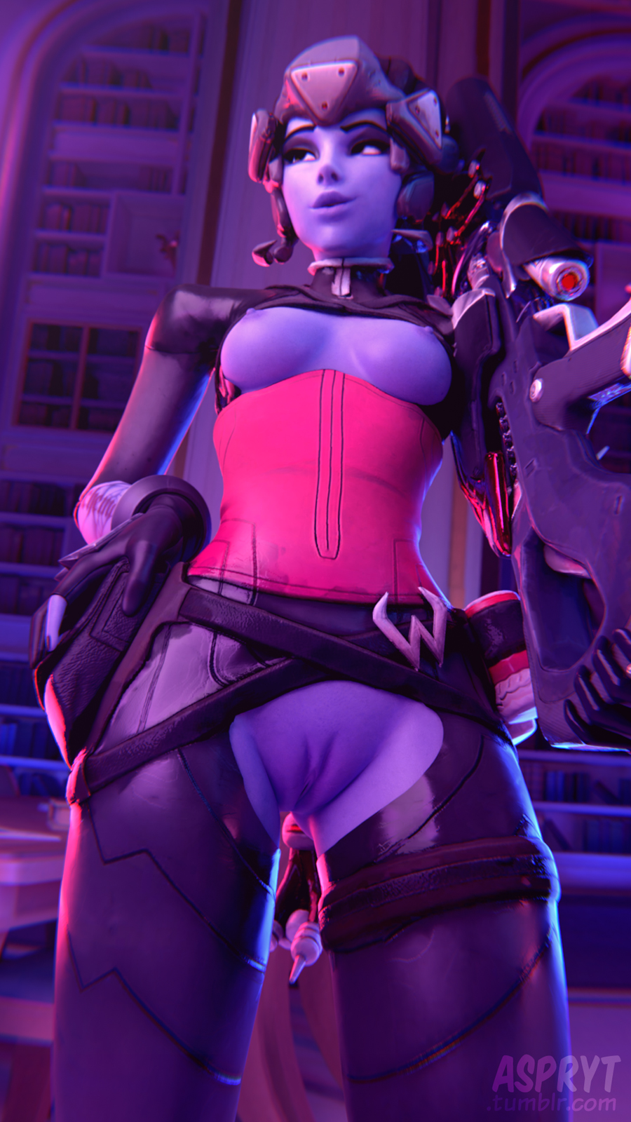3d, alternate costume, aspryt, blender, blue skin, breasts, cute, erect nipples, exposed breasts, exposed pussy, female, front view, functionally nude, mostly clothed, nipples, noire widowmaker, overwatch, pussy, ranged weapon, smile, solo, solo female, standing, strapy, viewed from front, widowmaker