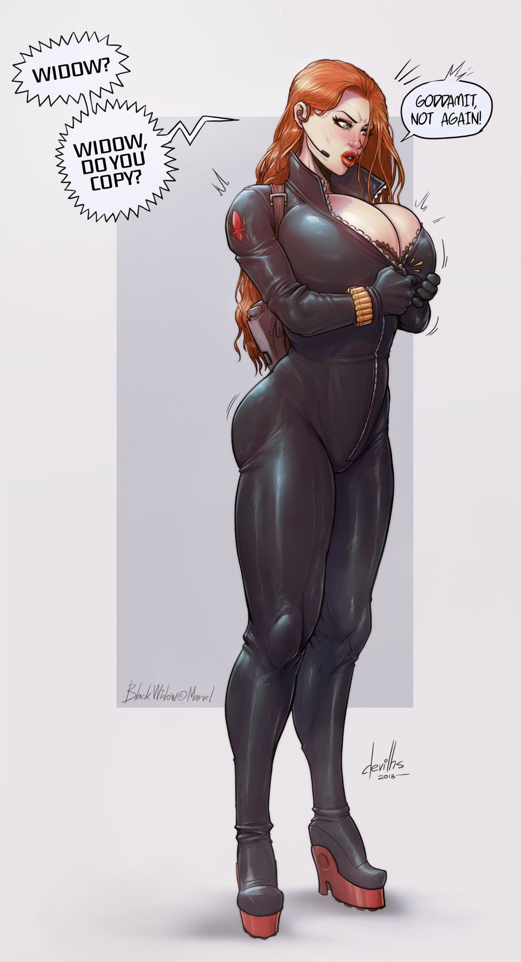 2018 angry annoyed black_widow_(marvel) bodysuit boots breast_press bursting_breasts cleavage devil_hs full_body heroine high_heel_boots huge_breasts latex latex_suit marvel marvel_comics natasha_romanoff orange_hair platform_boots platform_heels profanity red_lips redhead shiny_suit speech_bubble superheroine thick_lips zipper_pull_tab