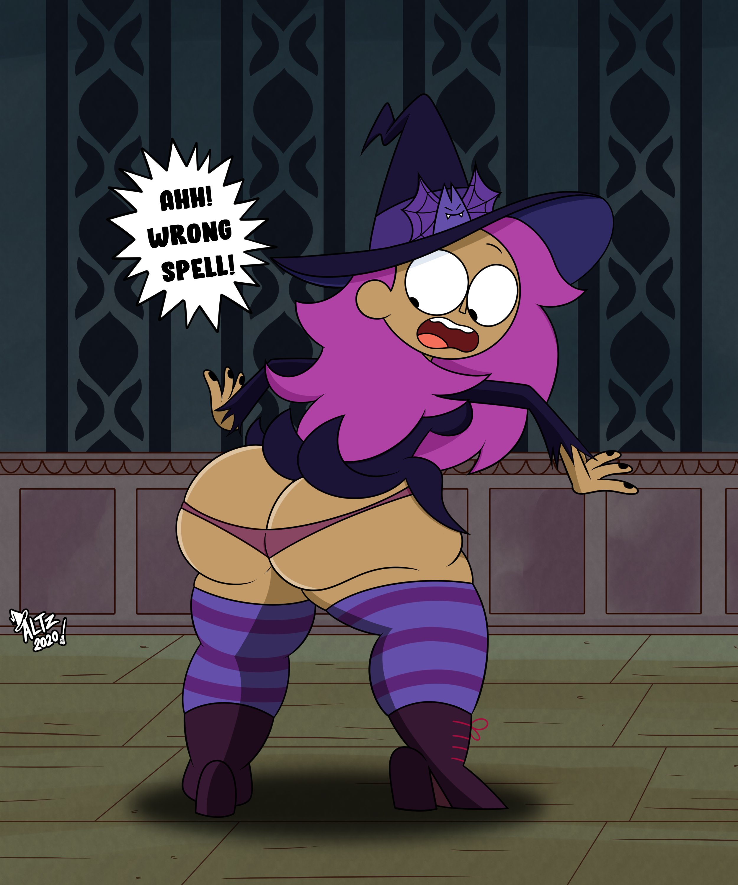 1girls, 2020, altzegoz (artist), ass, ass cleavage, ass crack, ass expansion, big ass, black eyes, black hair, butt crack, cute, enid, female, ok k.o.! let's be heroes, purple hair, tagme, witch