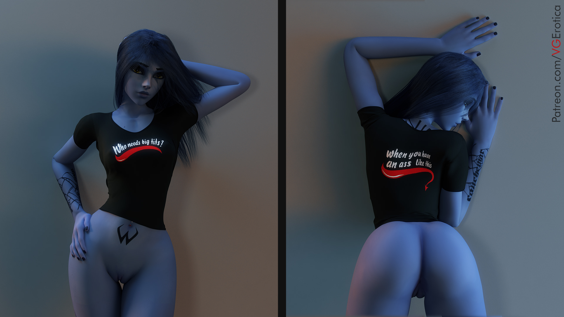 "who needs...", 1girls, 3d, ass, autodesk maya, back view, big ass, big butt, blender, bottomless, female, female only, front view, inviting, long hair, looking at viewer, mouth open, no panties, overwatch, presenting, pussy, seductive, shaved pussy, shirt, smug, solo, solo female, tattoo, teasing, topwear, vaginal penetration, vgerotica, viewed from behind, viewed from front, widowmaker