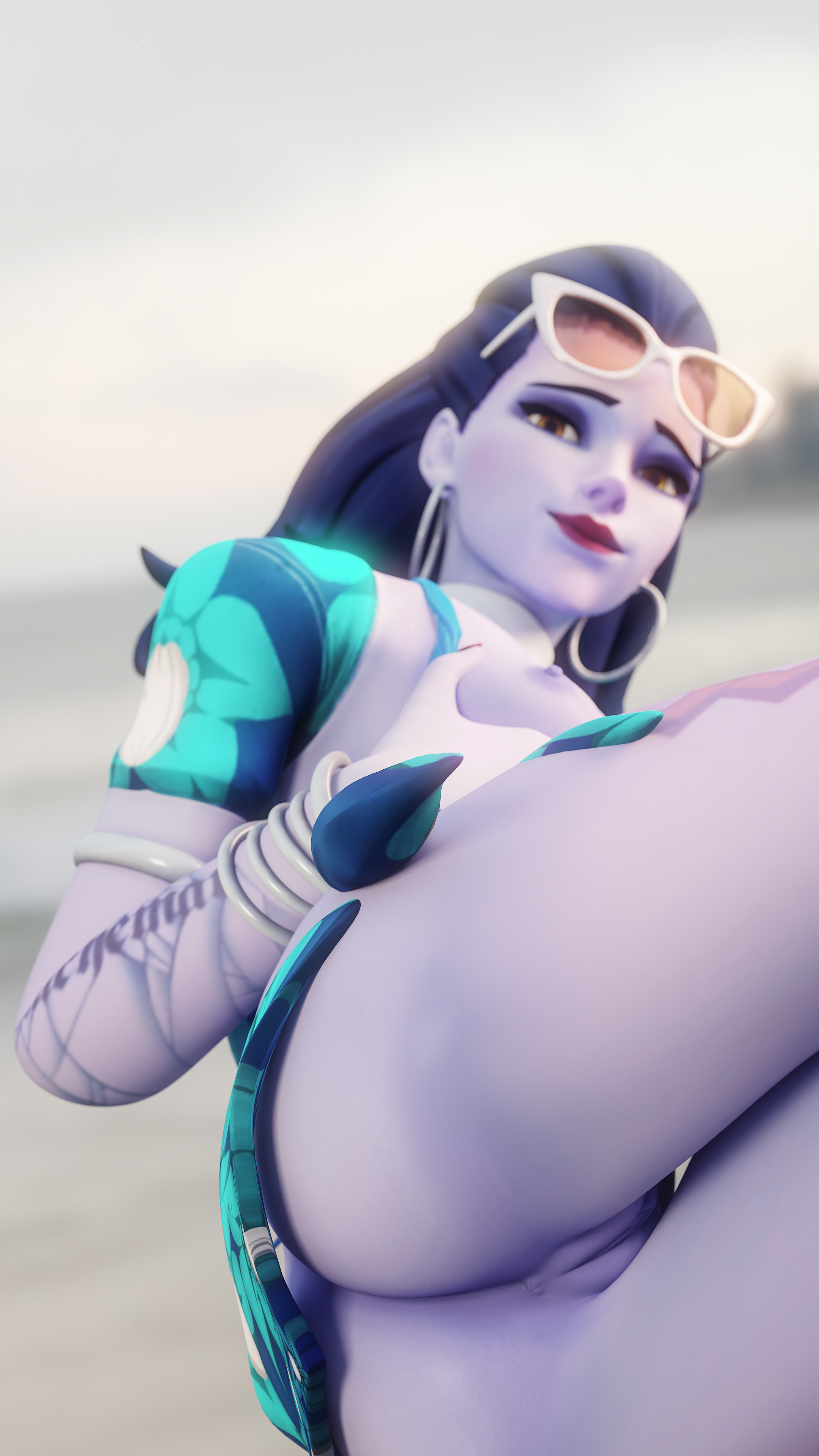 1girls, 3d, alternate costume, ass, batyastudio, blender, bottomless, cote d'azur widowmaker, female, female only, grabbing own breast, inviting, laying, long hair, looking at viewer, lying, lying on side, overwatch, presenting, pussy, seductive, smile, solo, solo female, teasing, vagina, widowmaker