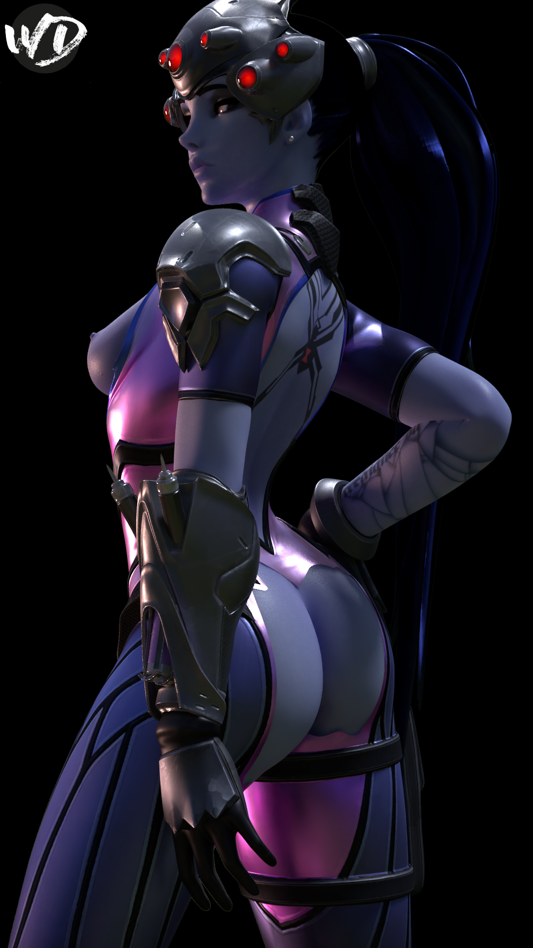 3d, arched back, ass, ass crack, bent over, blender, butt crack, female, inviting, looking at viewer, overwatch, presenting, sageofosiris, seductive, viewed from behind, widowmaker, wunder