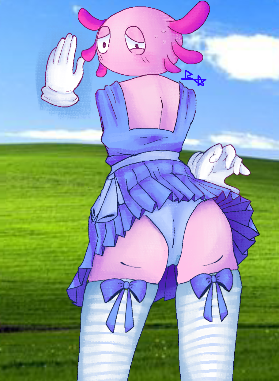 axolotl axolotl_humanoid blue_panties blue_skirt blush confused confused_expression kinito kinitopet kinitopet panties panting shy_face skirt_up white_gloves