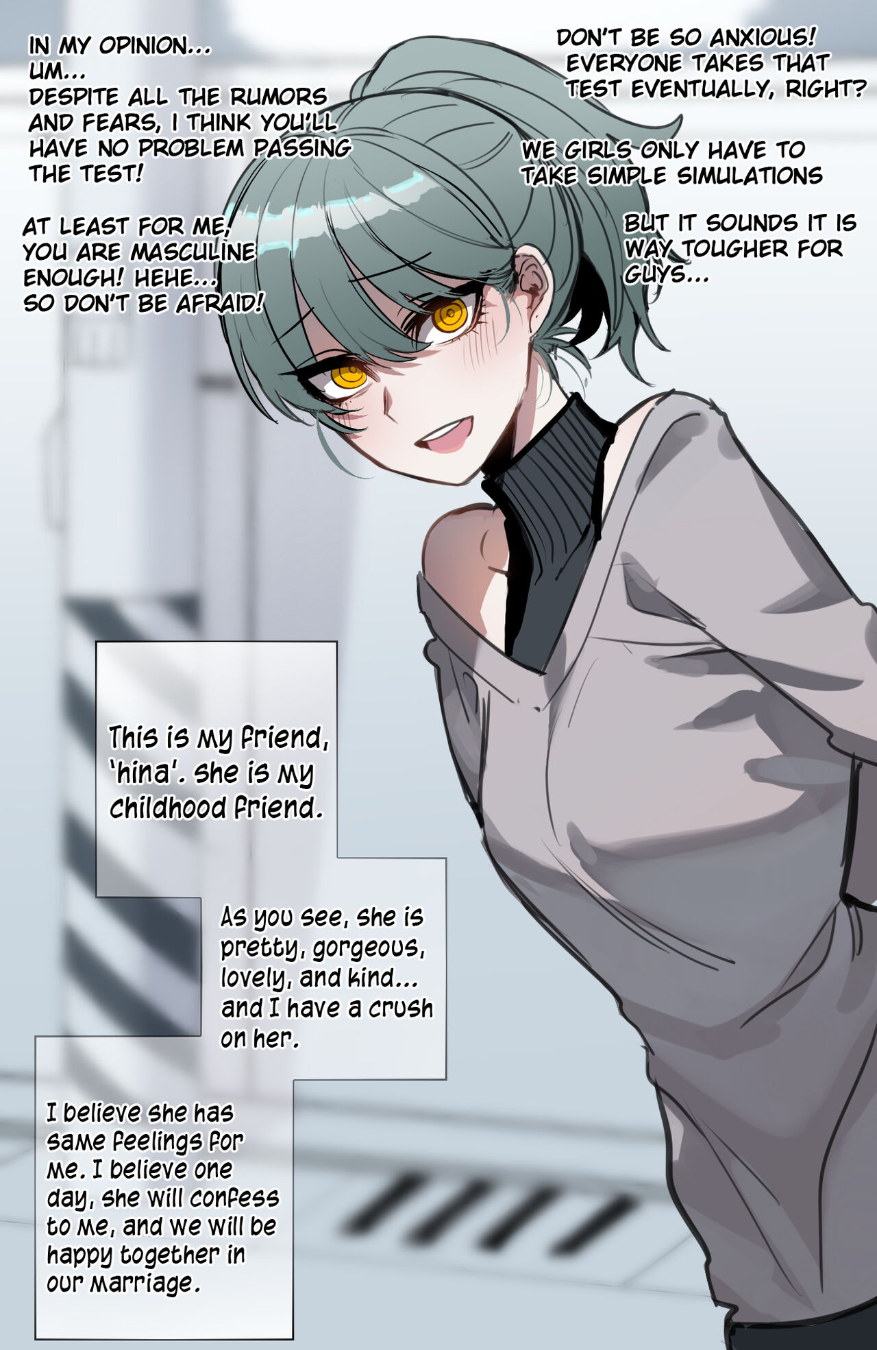 bangs, blush, fully clothed, green hair, pink lipstick, ponytail, ratatatat74, talking, talking to viewer, turtleneck, yellow eyes