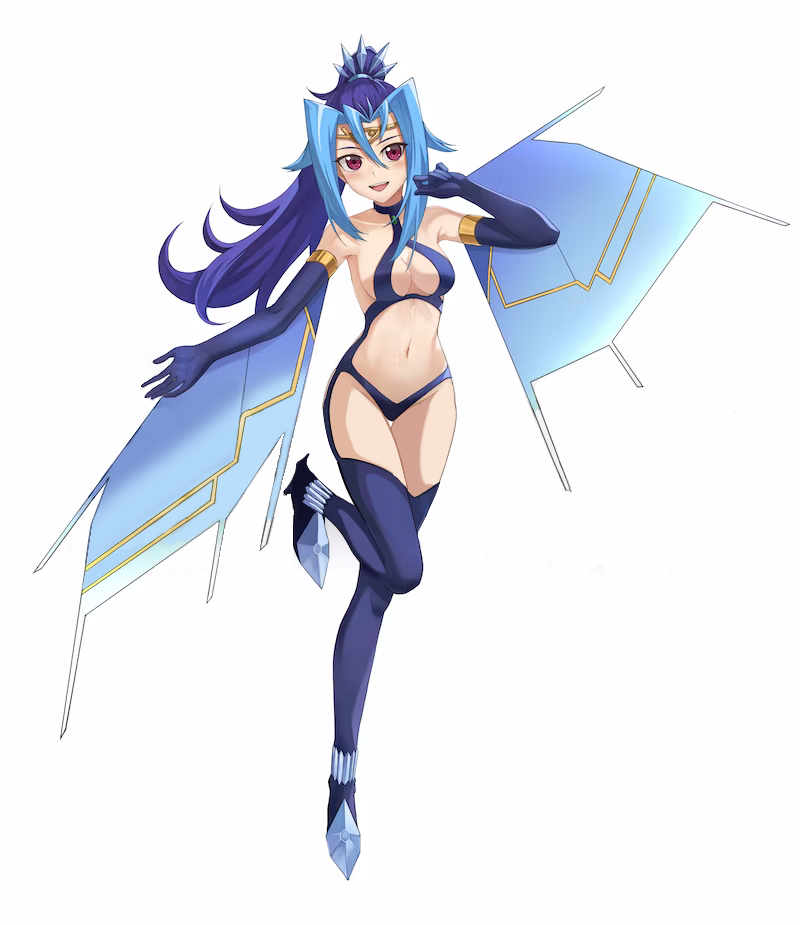 blue_hair blush cosplay edit edited female gloves kamishiro_rio legwear long_hair looking_at_another navel one_leg_raised ponytail pose red_eyes restored rio_kamishiro rourou_ill smile solo white_background yu-gi-oh! yu-gi-oh!_zexal