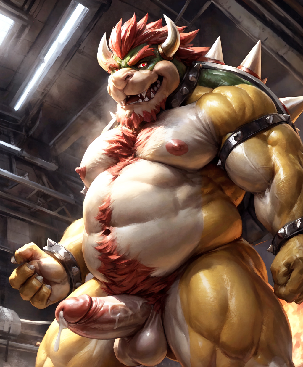 1boy ai_generated anthro balls bara beard belly body_hair bowser chest_hair cumdrip dilf erection furry furry_only gay genitals hairy_chest horns koopa looking_at_viewer male male_nipples male_only mario_(series) muscular muscular_anthro muscular_male nintendo nipples penis red_hair reptile scalie solo solo_male yiff