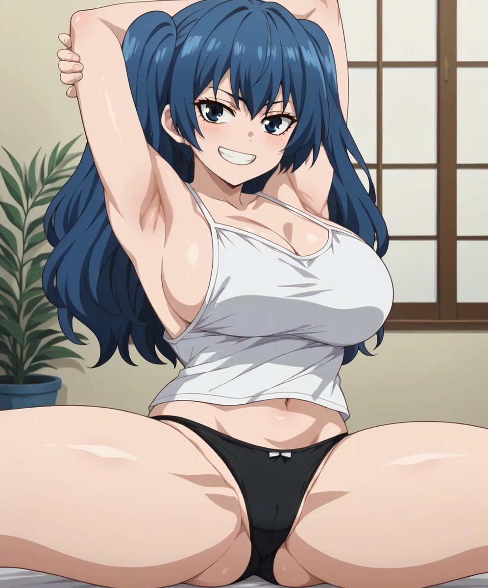 ai_generated arms_up bare_legs big_breasts blue_eyes blue_hair huge_breasts huge_thighs light-skinned_female light_skin long_hair looking_at_viewer massive_breasts panties saiko_yonebayashi shortstack smiling subaruarm tank_top thick_body thick_female thick_thighs thighs tokyo_ghoul twintails voluptuous voluptuous_female