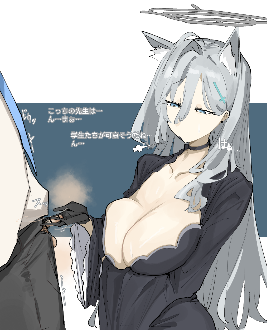 1boy animal_ears bar_censor black_gloves blue_archive blue_eyes breasts censored choker cleavage erection female gloves grey_hair hair_between_eyes hair_ornament hairclip halo highres large_breasts leebo_(leeboxxx) leebongchun long_hair male_pubic_hair necktie penis pubic_hair sensei_(blue_archive) shiroko_(blue_archive) shiroko_(terror)_(blue_archive) small_penis straight testicles translation_request