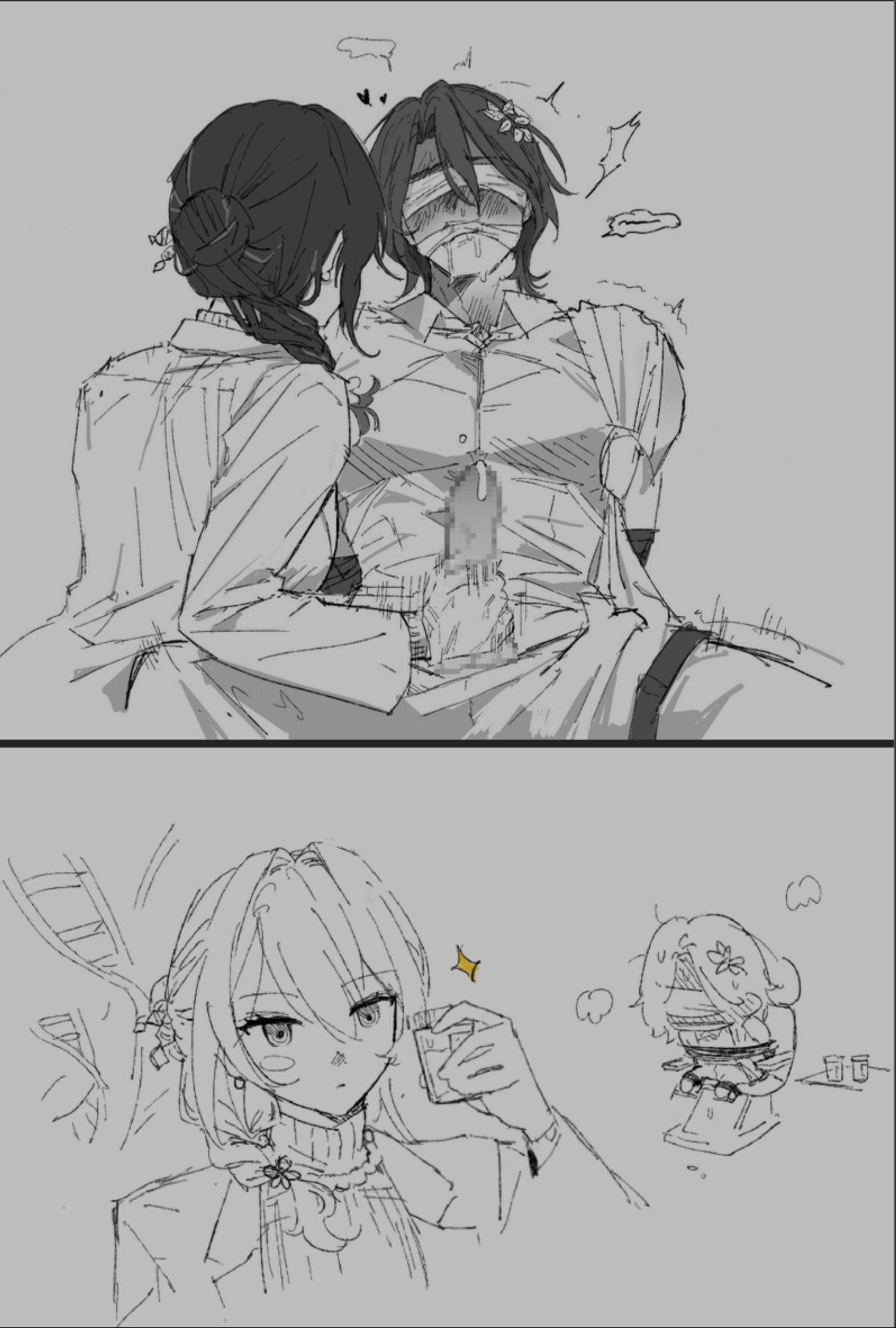 blindfold, dr. ratio (honkai: star rail), gag, handjob, honkai (series), honkai: star rail, mouth gag, ruan mei (honkai: star rail), tied, tied up