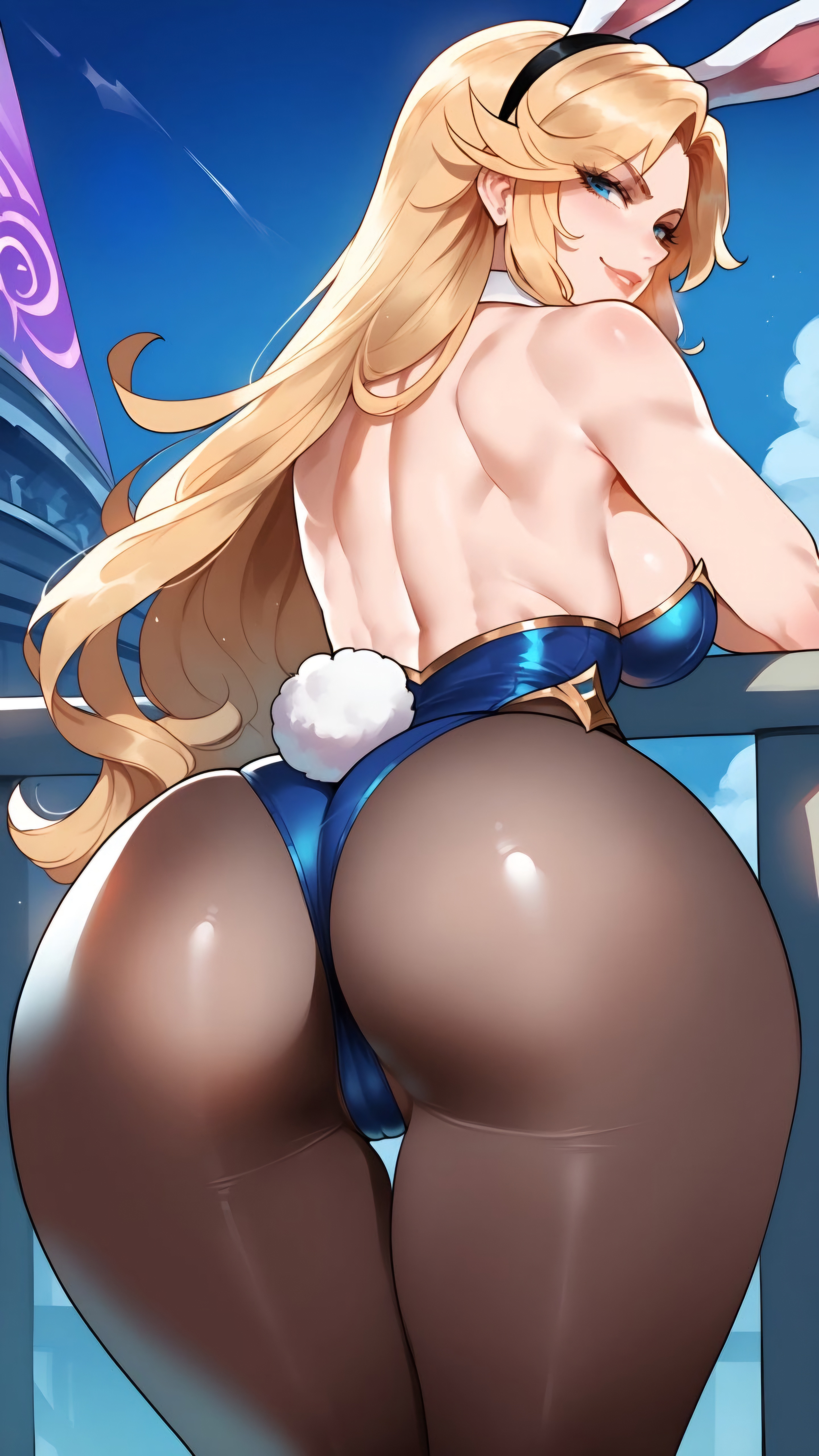 1girls, ai generated, ass, ass focus, back view, big ass, blonde hair, breasts, bunny ears, bunny girl, bunnysuit, female, from behind, from below, league of legends, looking at viewer, looking back, luxanna crownguard, pantyhose, playboy bunny, riot games, sideboob, solo, solo female