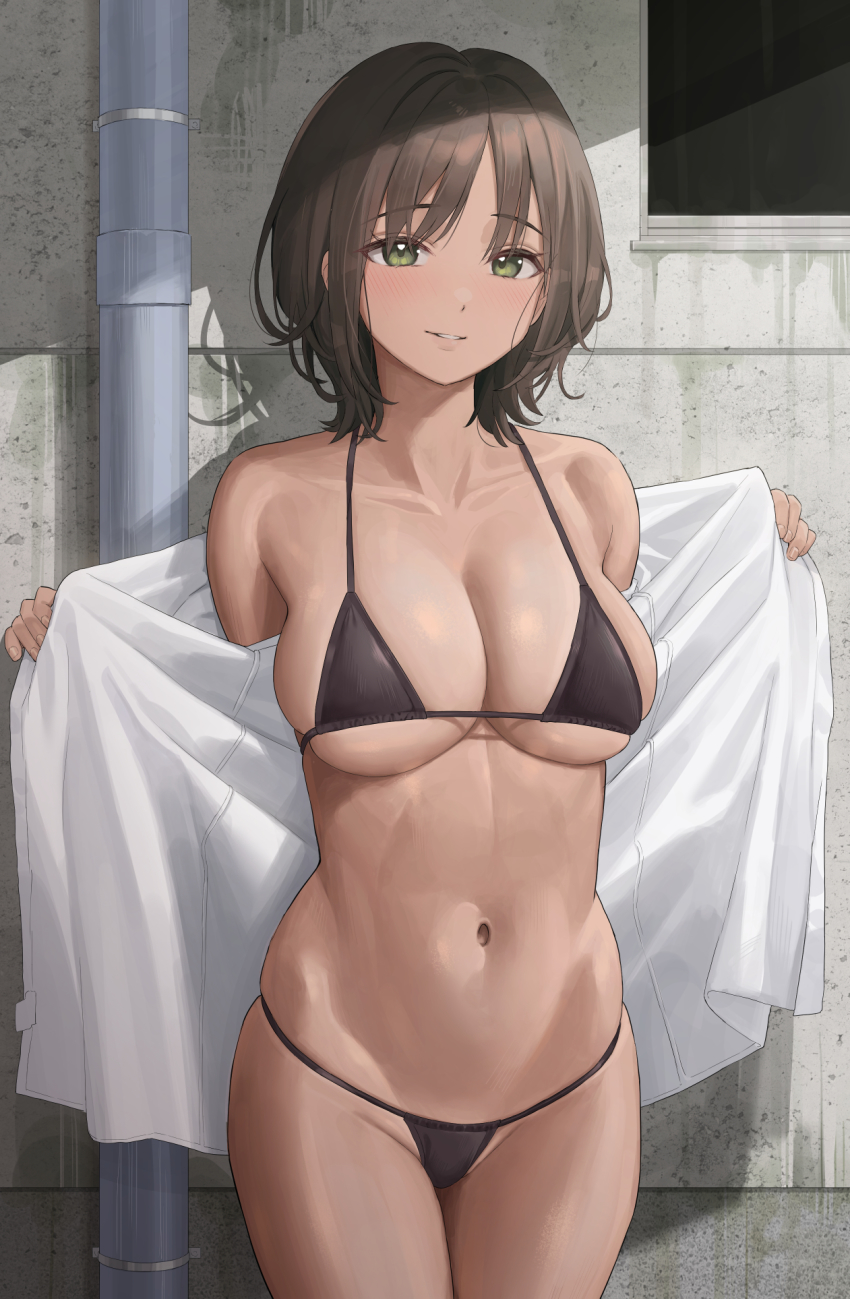 belly_button big_breasts black_bikini brown_hair collarbone dark-skinned_female eyebrows_visible_through_hair female_only green_eyes legs_together looking_at_viewer navel open_shirt original short_hair skindentation smiling_at_viewer string_bikini surumenium taniguchi_daisuke thick_thighs undressing white_shirt