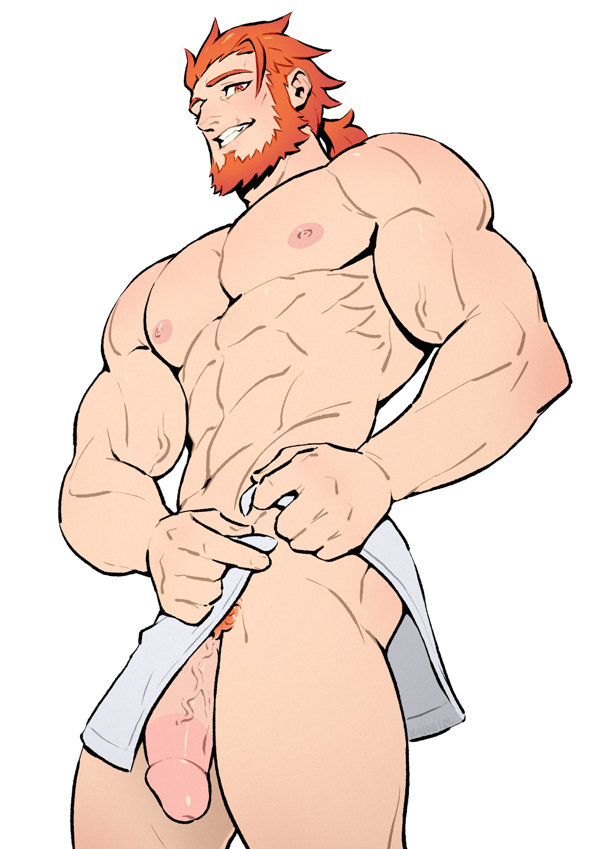 1boy abs bara beard circumcised circumcision_scar facial_hair flaccid grin khors_belobog knees_out_of_frame looking_at_viewer male_focus male_only male_pubic_hair muscular muscular_male nipples orange_eyes orange_hair orange_hair_male pectorals penis pubic_hair schizoid simple_background smile solo solo_male teeth towel_around_waist towel_only veins veiny_penis white_background white_towel zenless_zone_zero