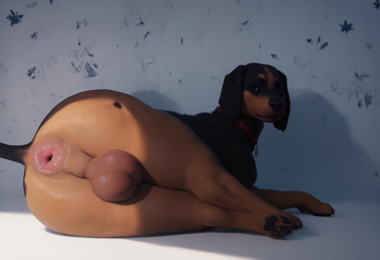 ai generated, ass, balls, big ass, big balls, canine, civitai, dog, feral, feral only, hame89 (artist), looking at viewer, male, male only, presenting anus, presenting balls, realistic, rear view, solo
