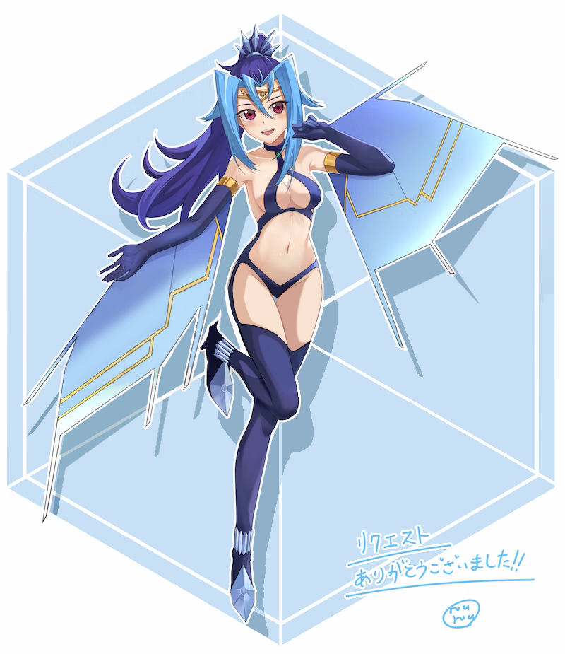 blue_hair blush cosplay edit edited female gloves kamishiro_rio legwear long_hair looking_at_another navel one_leg_raised ponytail pose red_eyes restored rio_kamishiro rourou_ill smile solo yu-gi-oh! yu-gi-oh!_zexal