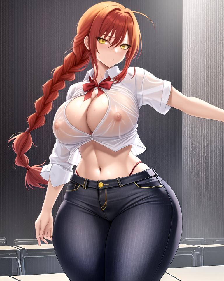 ai_generated bangs big_breasts big_thighs braided_hair braided_ponytail chainsaw_man denim_jeans fat_ass huge_breasts huge_thighs makima_(chainsaw_man) nipples_visible_through_clothing red_hair slutty_clothing slutty_outfit tied_shirt tight_jeans too_small_clothes transparent_shirt visible_underwear wet_shirt whale_tail whale_tail_(clothing) white_shirt wide_hips yellow_eyes zarazin