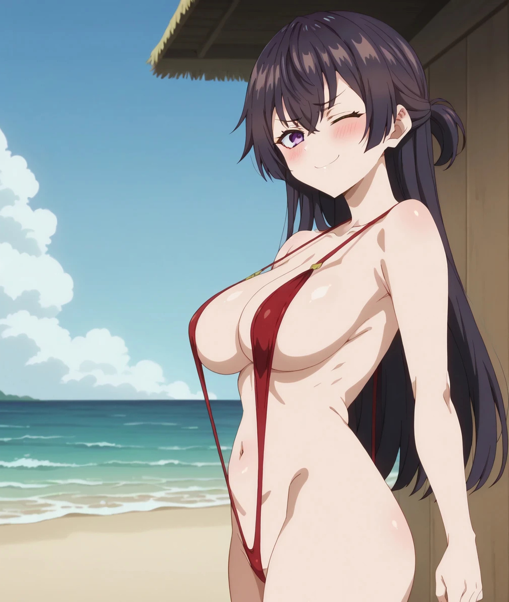 ai generated, asian, asian female, bare legs, beach, big breasts, black hair, blush, breasts, female, huge breasts, huge thighs, large breasts, light skin, light-skinned female, long hair, looking at viewer, one eye closed, purple eyes, sling bikini, slingshot swimsuit, smiling, solo female, squatting, subaruarm, suou yuki, sweat, sweatdrop, thick thighs, thighs, tokidoki bosotto russian de dereru tonari no alya-san, voluptuous, voluptuous female