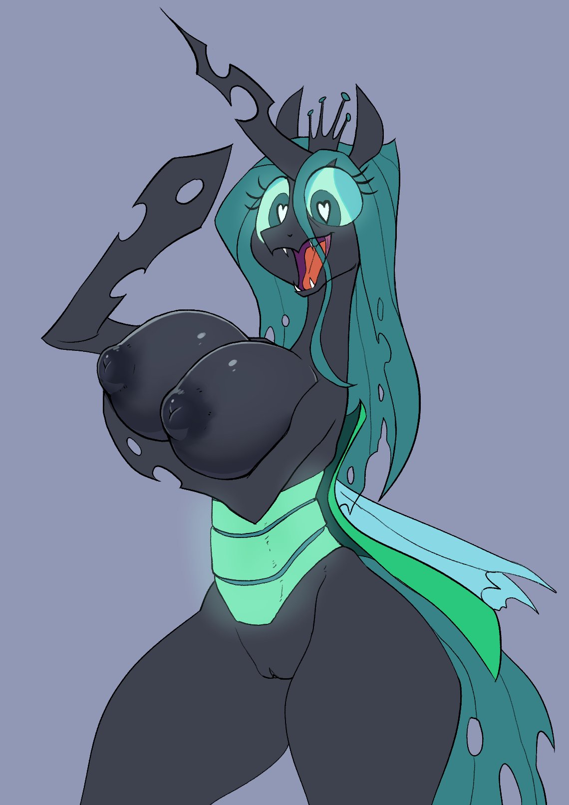 anthro anthrofied arm_under_breasts arthropod big_breasts black_body breasts carapace changeling digital_media_(artwork) fangs female friendship_is_magic green_eyes green_hair hair hasbro heart_pupils hi_res hoof_hands my_little_pony nipples open_mouth queen_chrysalis_(mlp) small_waist solo sunbusting teeth thick_thighs wide_eyed wide_hips