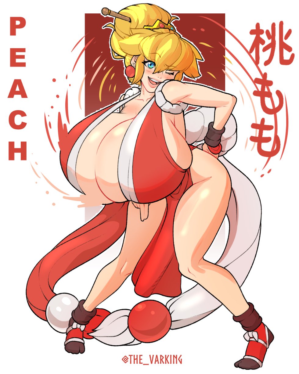 big breasts, breast support, breasts, cleavage, cosplay, fatal fury, female, front heavy breasts, full body, hair ornament, hair stick, heavy breasts, huge breasts, large breasts, mai shiranui (cosplay), mario (series), motion blur, pigeon-toed, princess peach, sling top, snk, tagme, the varking, thick thighs, wide hips, wink