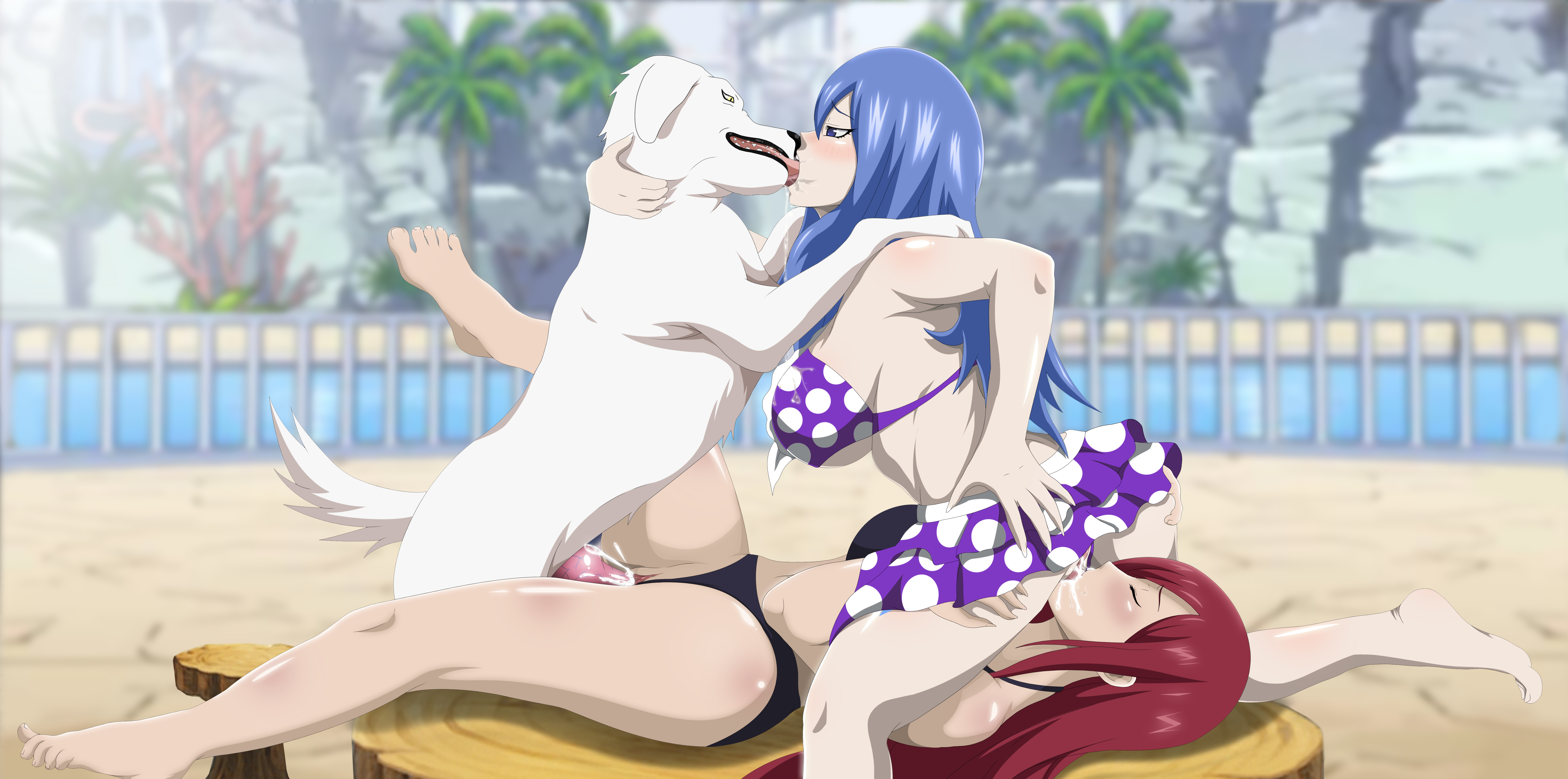 1boy, 2girls, ahe gao, animal, areolae, barefoot, bent over, bestiality, big breasts, bikini, blue hair, blush, breasts, canine, cum, cum in pussy, cunnilingus, erza scarlet, fairy tail, feet, female, female kissing feral, group, interspecies, juvia lockser, kissing, male, mammal, multiple females, multiple girls, neeba, neebapixxx, open mouth, pussy, red hair, rolling eyes, saliva, sex, spread legs, straight, threesome, toes, vaginal penetration, zoophilia