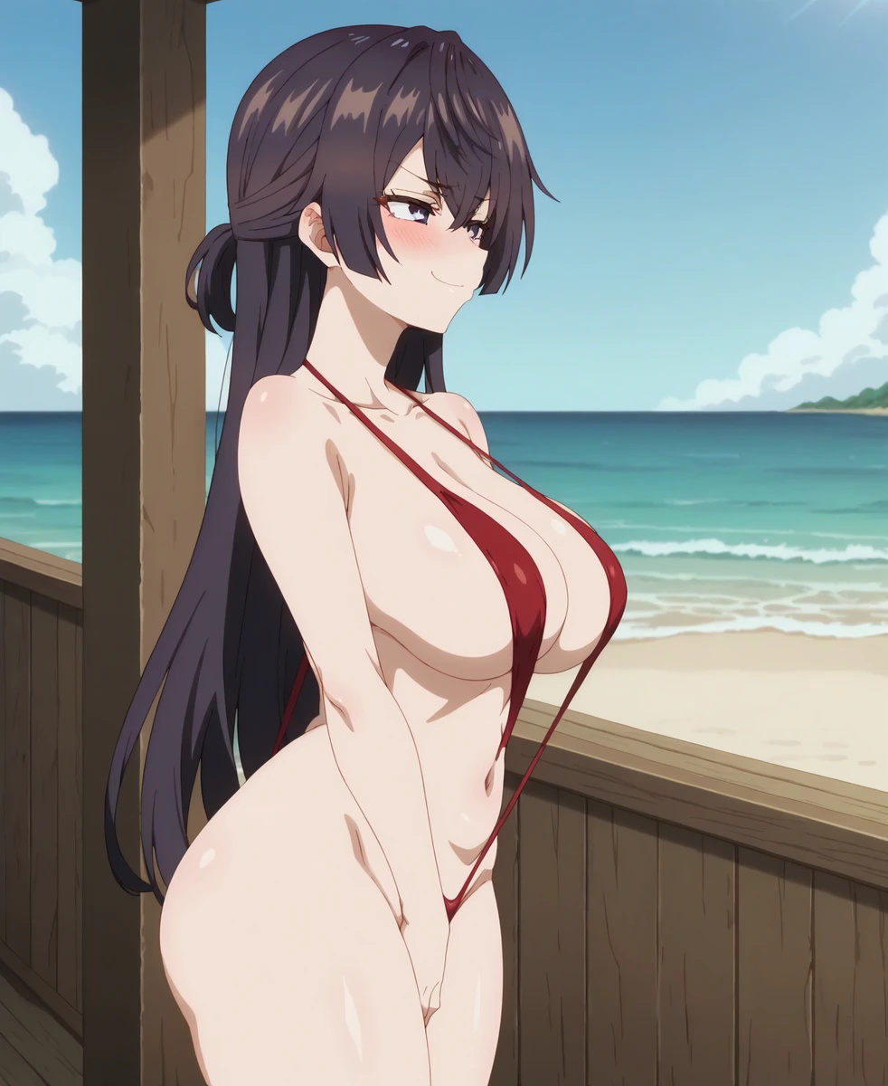 ai generated, asian, asian female, ass, bare legs, beach, big ass, big breasts, big butt, black hair, blush, breasts, curvaceous, curvy female, female, huge breasts, huge thighs, large breasts, light skin, light-skinned female, long hair, purple eyes, sling bikini, slingshot swimsuit, smiling, solo female, squatting, subaruarm, suou yuki, sweat, sweatdrop, thick thighs, thighs, tokidoki bosotto russian de dereru tonari no alya-san, voluptuous, voluptuous female