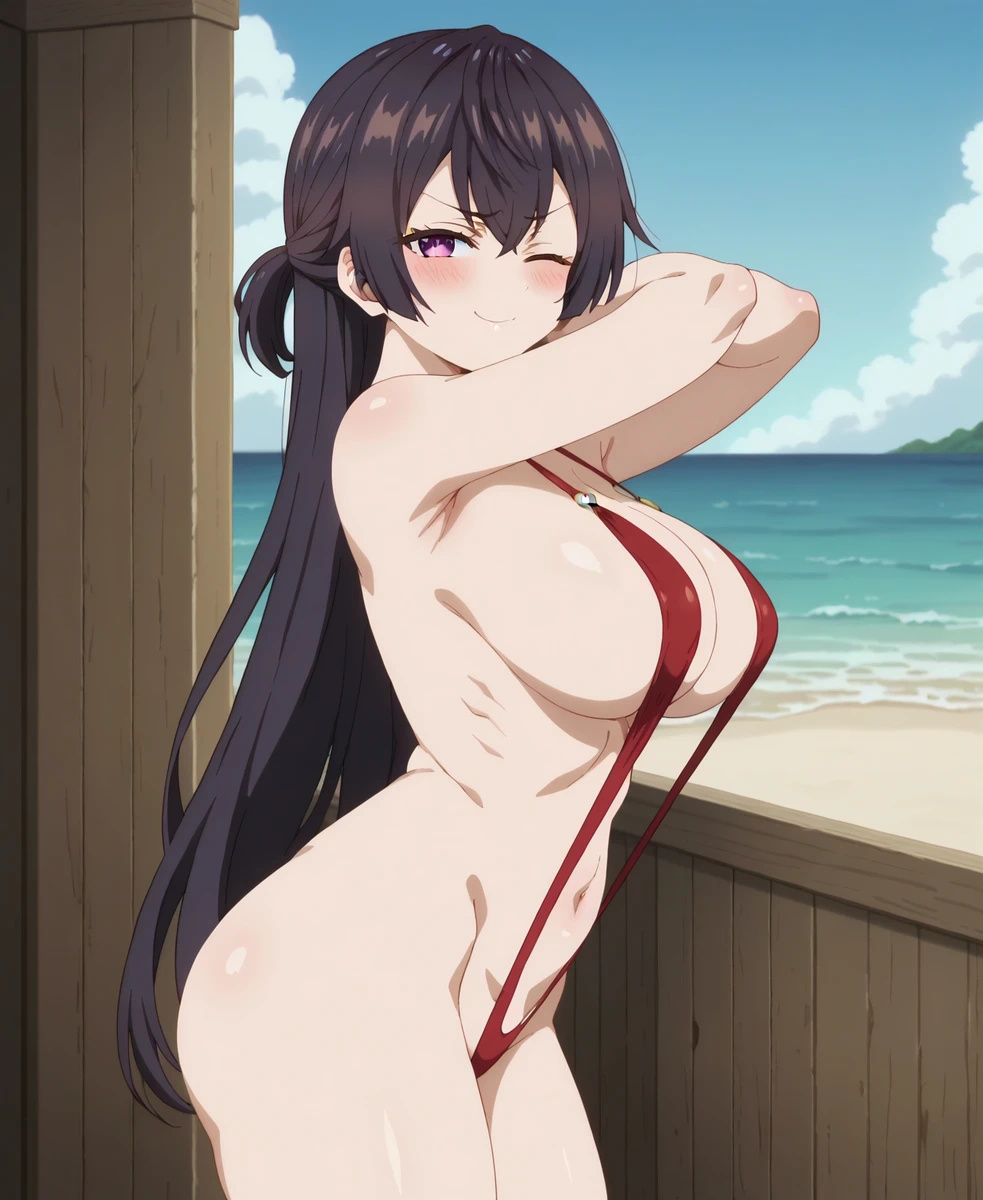 ai generated, asian, asian female, ass, bare legs, beach, big ass, big breasts, big butt, black hair, blush, breasts, female, huge breasts, huge thighs, large breasts, light skin, light-skinned female, long hair, looking at viewer, one eye closed, purple eyes, sling bikini, slingshot swimsuit, smiling, solo female, squatting, subaruarm, suou yuki, sweat, sweatdrop, thick thighs, thighs, tokidoki bosotto russian de dereru tonari no alya-san, voluptuous, voluptuous female