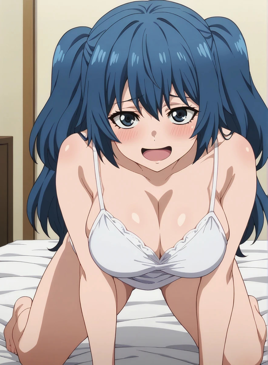 ai_generated bare_legs big_breasts blue_eyes blue_hair blush camisole doggy_style_position huge_breasts huge_thighs light-skinned_female light_skin long_hair looking_at_viewer massive_breasts panties saiko_yonebayashi shortstack smiling subaruarm thick_body thick_female thick_thighs thighs tokyo_ghoul twintails voluptuous voluptuous_female