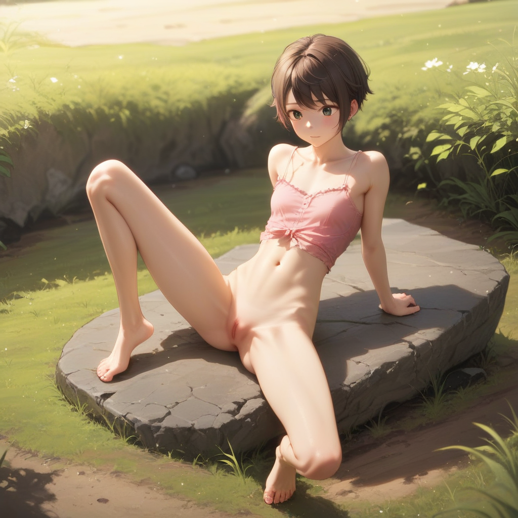 ai_generated bottom_nude brown_hair camisole female nature outside short_hair sitting skinny_waist spread teen